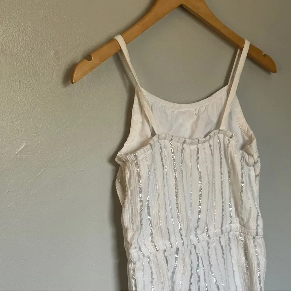 Justice Girl’s Bow Front Silver Sripe Spaghetti Strap Romper Medium White 10